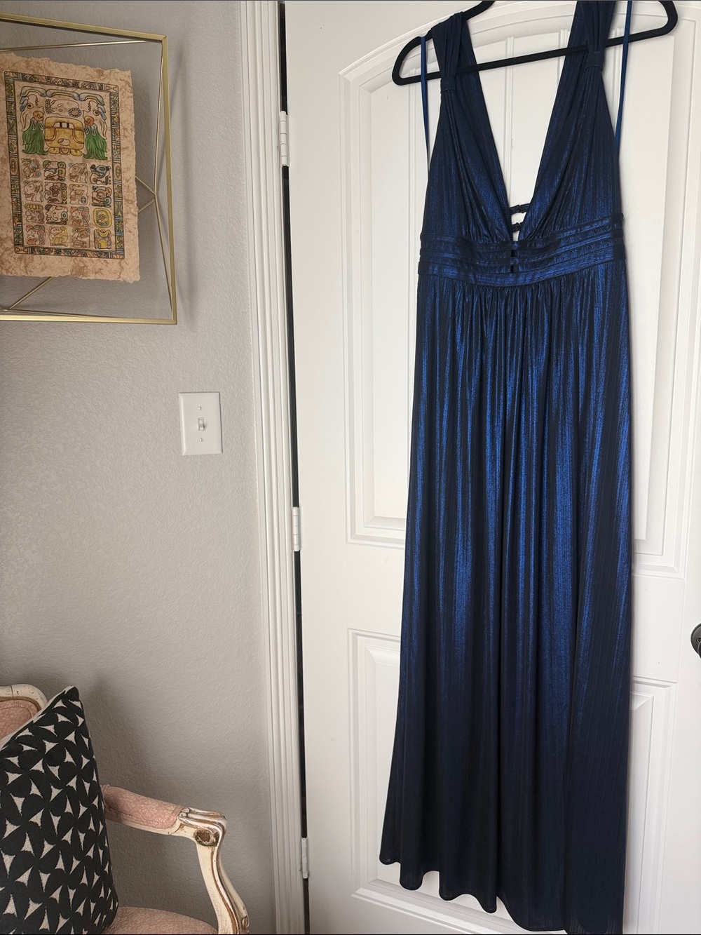 Elegant Deep Blue Metallic V-Neck Dress Gown